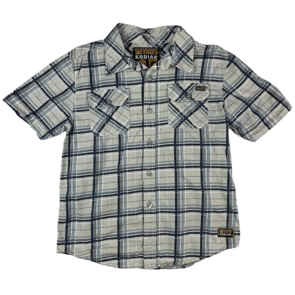 Kodiak Shirt Boys Small Gray Survivors Plaid Chest Pockets Collared Button Down